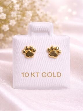 10K Solid Gold Paw Print Stud Earrings 6mm Screw Back Women Kids Pet Lover